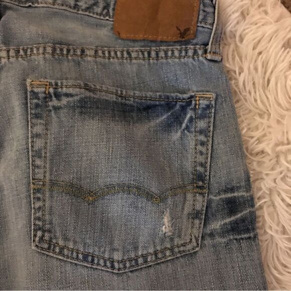 American Eagle 🦅 YELLOW STITCH Low rise bootcut selective dark dyed distressed - Picture 6 of 8
